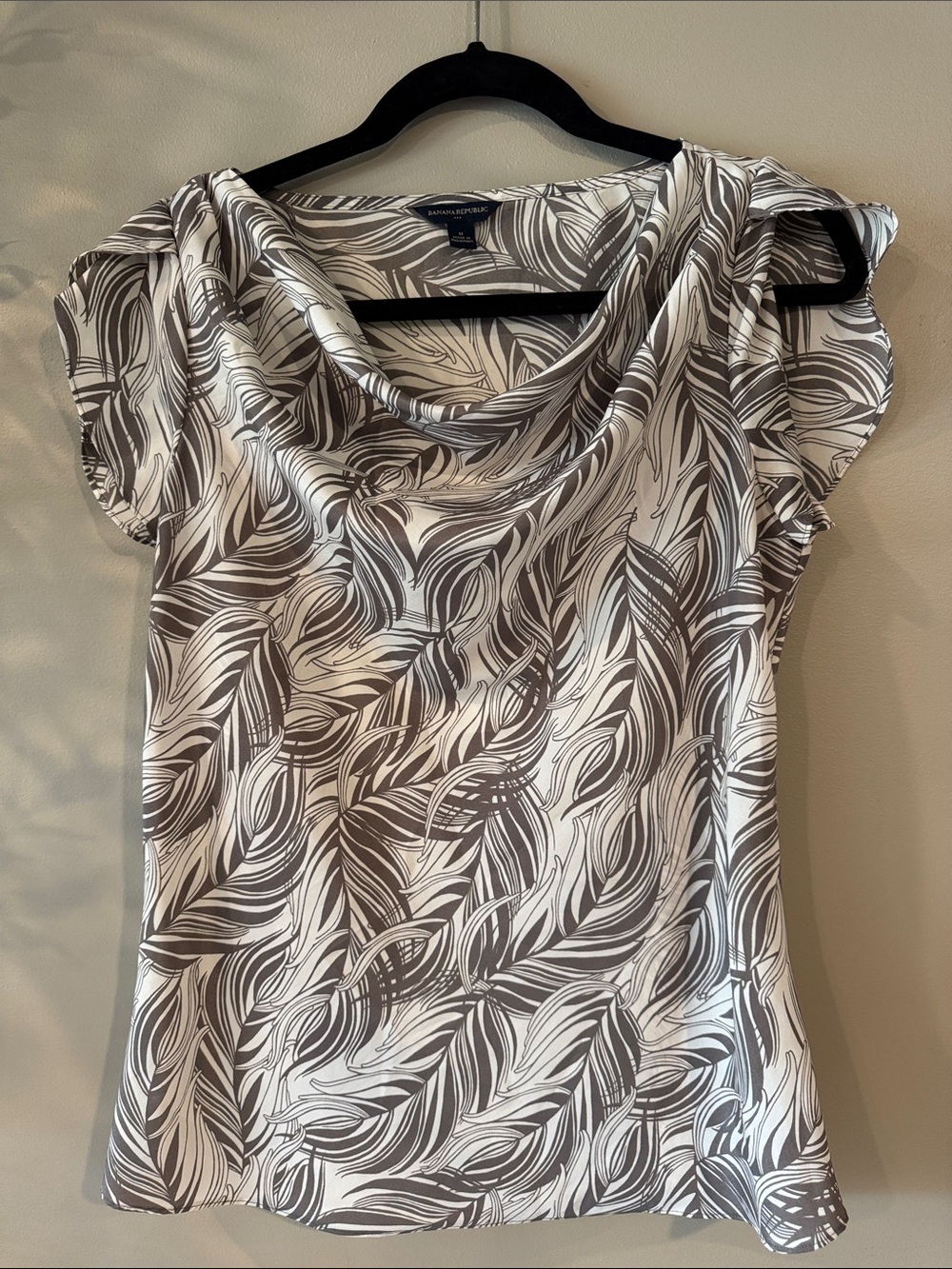 Banana Republic White and Gray Leaf-Print Cowl Neck Blouse